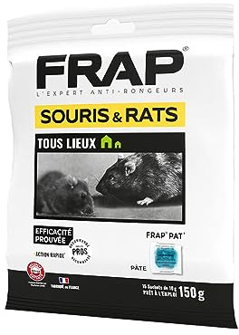 FRAP PAT’- Appât Anti Rongeurs Prêt à l’Emploi - Pâtes Pour Rats & Souris Tous Lieux - Efficacité Prouvée, Action Rapide - À Utiliser en Boîte Sécurisée -15x10g- Sachet Refermable - Fabriqué en France
