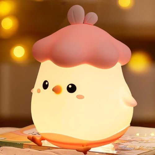 FemKey LED Nachtlicht Kinder, Silikon Nachtlicht Baby mit 2 modi Timer, Stilllicht dimmbar Touch, Nachttischlampe Aufladbare Kawaii, Nachtlampe Kinderzimmer Rosa Küken für Mädchen