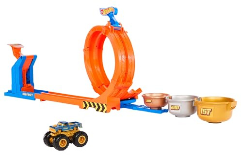 Hot Wheels Monster Trucks Truck- und Strecken-Spielset, Loop & Flip Trophy Challenge Spielset und Die-Cast-Bigfoot zum 50. Jubiläum im Maßstab 1:64, zwei Spielmöglichkeiten, JBX64
