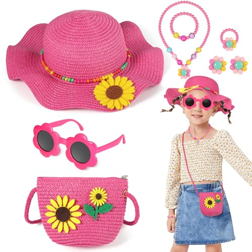 Girls Sun Hat Sunglasses with Sunflower Purse Jewelry Set, Sunflower Summer Straw Hat with Wide Brim for Kids Beach Holidays Rose