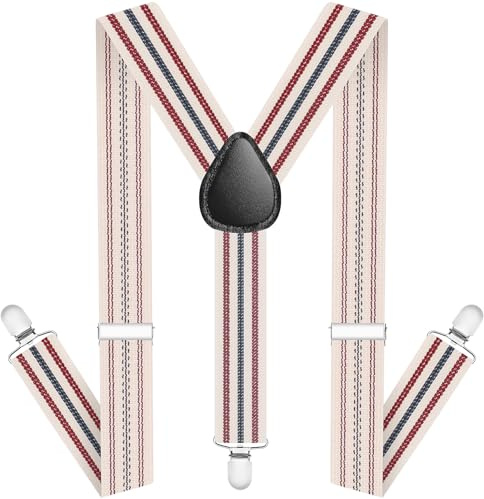AUYAO Bretelles Homme Larges Réglables 3 Clips, Extra Larges en Y, Vintage et Tissu Épais (Rayures Beiges)