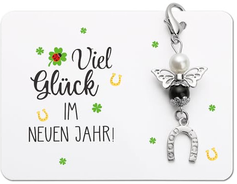 BOOMTOP Schutzengel Schlüsselanhänger Silvester Glücksbringer Viel Glück im Neuen Jahr Engel Anhänger mit Hufeisen Neujahr Weihnachten Geschenke Mini Perlenengel Schwarz Grußkarte Organzabeutel