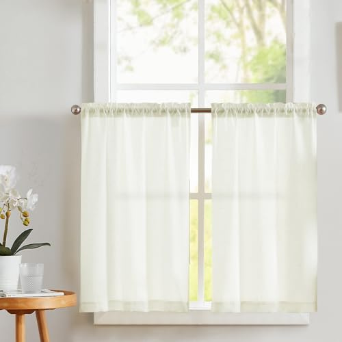 Vangao Cortina Cocina Sólido Marfil Aspecto de Lino Cortinas Cortas Ventana Salon Dormitorio Habitación Moderna 65 x 90 cm 2 Piezas Medias Cortinas Interior Comedor para Bolsillo para Barra