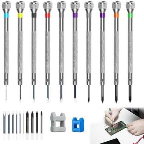 22Pcs Precision Watch Screwdriver Set, Metal Eyeglasses Screwdrivers | 10 Watch Screwdriver Set 0.6-2.0mm, 10 Spare Bits, 2 Degausser, For Watches Eyeglasses Jewelry Electronics Repair