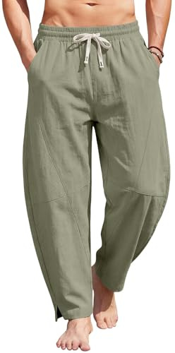 MEDUOLA Pantalon en Lin Coton Homme Sarouel Y2K Coupe Courbée Pantalons Décontracté Léger Baggy et Ample avec Poches pour Plage l'Été