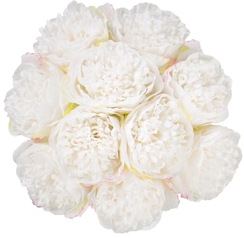U'Artlines 2 Bouquet 10 Heads Artificial Peony Silk Flower Leaf Home Office Wedding Party Festival Bar Decor (Cream White)