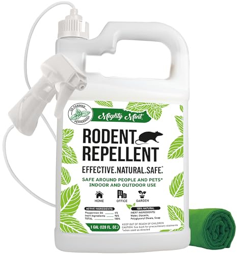 Mighty Mint Peppermint Oil Rodent Repellent Spray with Microfiber Cloth – Natural Indoor & Outdoor Control for Mice and Rats – Plant-Based, Extra-Strong Formula - 1 Gallon (128 oz)