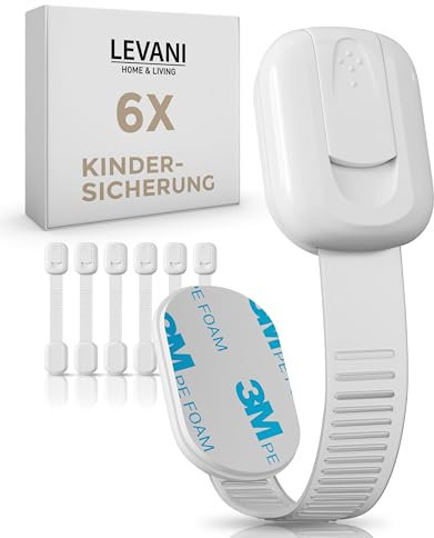 LEVANI® Kindersicherung Schrank 6er Set – Schubladensicherung & Schranksicherung Baby – Schubladenschutz für Schrank, Kühlschrank & Backofentür – Schrankschloss – Safety Cupboard Locks (3M Kleber)