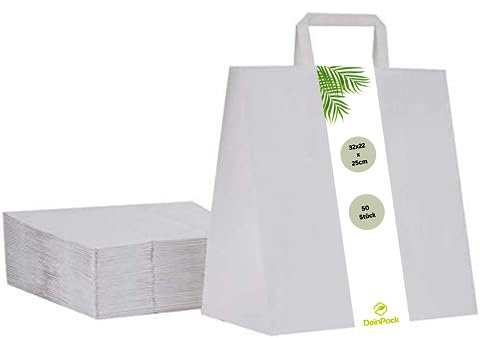 DeinPack Umweltschonende Papier Tragetaschen groß I Papiertüten Geschenktüten Papiertragetaschen biologisch abbaubar, kompostierbar I 50 x weiß Papier Tüten 32 x 22 x 25 cm