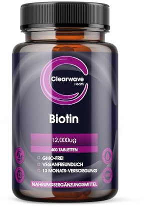 Biotin - 12.000 mcg Hochdosiert - 400 Biotin Tabletten (Vorrat für 13 Monate) - Vegan –Haarwachstumsergänzung - Hergestellt von Clearwave Health