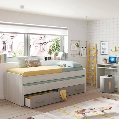 Dmora - Lit d'enfant Spokane, Cadre de lit pour chambre, Lit simple avec lit gigogne et 4 tiroirs, 198x96h69 cm, Blanc et Marron