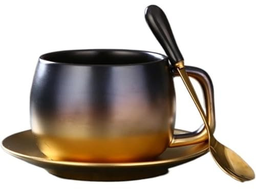 FülleMore Porzellan Kaffeetasse mit Untertasse und Löffel 280ml Teetasse Cappuccino Tasse Nachmittagstasse Keramikbecher für Tee Kaffee Esspresso Cappuccino Latte Mokka (Gold)
