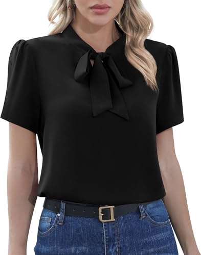 CZYINXIAN Women's Casual Short Sleeve Blouse Elegant Bow Tie Knot Business Top Shirt(Black, Medium)