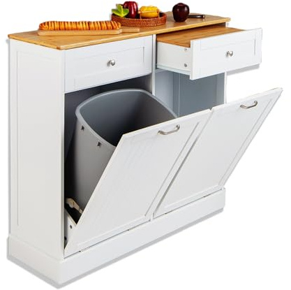 KOMFOTTEU Armadietto da cucina con porta estraibile, credenza con supporto per bidoni della spazzatura 40 l, armadietto multiuso in legno con 2 cassetti, cucina comò con tagliere (doppia porta)