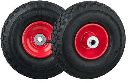Relaxdays Rueda Carretilla 3.00-4, Set de 2, Neumáticos Repuesto, Llanta de Acero, Eje de 16 mm, 100 kg, Negro y Rojo, Caucho, 3,00-4