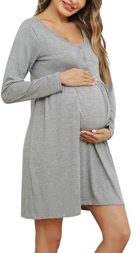 Bresdk Sjukhus Förlossning Nattskjorta Kvinnor Knappar Långärmad Moderskap Kläder Elegant Amning Hemkläder, Grå, S