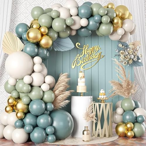 QIFU Sage Green and Blue Balloon Arch Kit - Dusty Blue and Green Balloons | White Gold Balloons for Christening Decorations Baby Shower Baptism Bridal Shower Wedding Boho Birthday Party Decorations