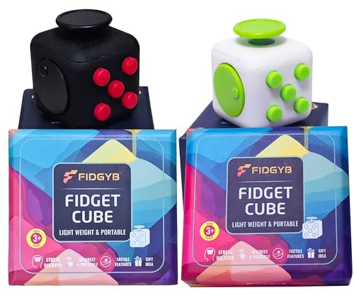 FIDGYB Lot de 2 Cubes Anti-Stress – Jouet sensoriel Lisse et Silencieux pour améliorer la Concentration et soulager Le Stress [NoirRouge + BlancVert]