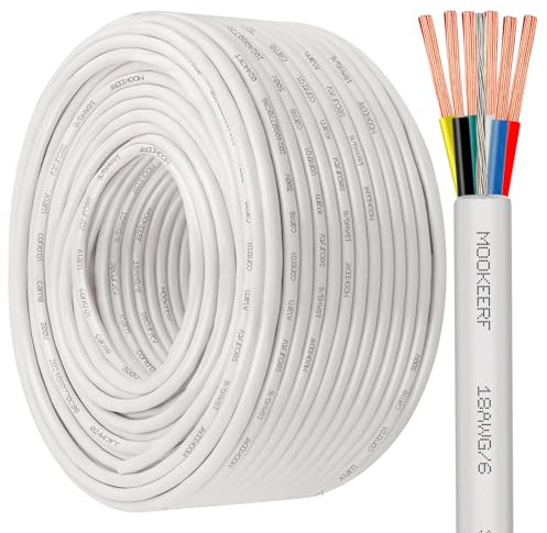 MOOKEERF 18/6 Shielded Wire 18AWG 6 Conductor 200FT Shielded Plenum Cable White CL3P Jacket Alarm Control Cable Stranded Pure Copper for Low Voltage LED,Burglar System,Fire Detector,Security Station
