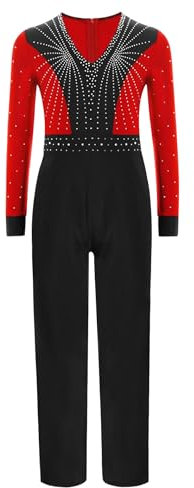 Sxiwei Jungen Eiskunstlauf Anzug Kinder Langarm Ganzkörper Trikot Sport Overall V Hals Turnenanzug Tanz Latein Jumpsuit Rot 146-152