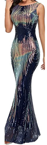 Abito con paillette, da donna, con paillettes, per cocktail, da donna, per Capodanno, da sera, da donna, elegante, per matrimoni, feste, da donna, Blu, S