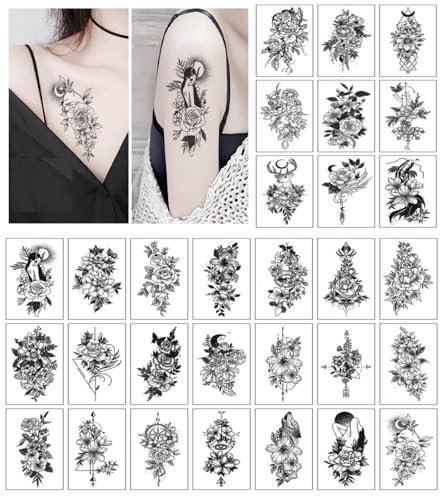 30 Fogli Tatuaggi Impermeabili, Tatuaggi Temporanei per Uomo e Donna, Impermeabile Tatuaggi Finti, Tatuaggi Serie di Fiori, per Corpo Braccio Petto Spalla