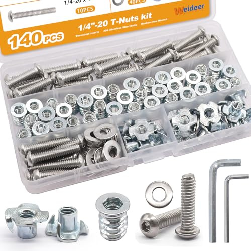 weideer 140PCS 1/4-20 T-Nuts,1/4-20 Threaded Inserts for Wood,304 Stainless Steel Bolts,Button Head Hex Socket Bolts with Washers Hex Wrench