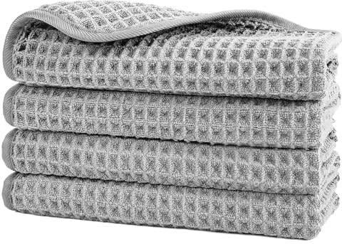 POLYTE 430 GSM Microfibre Waffle Wash Cloth Face Towel, 33.0x33.0 cm | 4 Pack, Oversize, Lint Free, Quick Dry, Hanging Loop, For Showering, Fingertip Towel, 85% polyester/15% polyamide