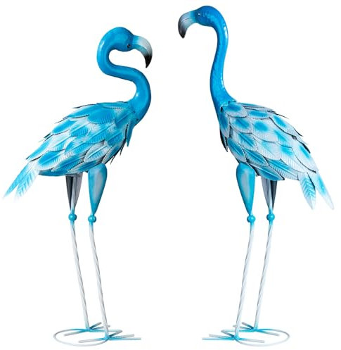 Velibobo 2 pezzi blu fenicottero yard statue artistiche, metallo fenicottero sculture da giardino per esterni, casa, terrazza, prato, cortile