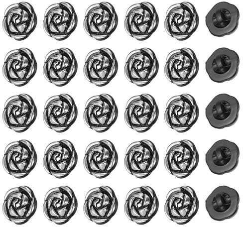 PATIKIL 30 Unidades De Botones Con Forma De Rosa 13mm 1/2 Acrílicos Adorables Para Ropa Accesorios De Costura Decorativos Para Manualidades DIY Camisas Blusas Suéteres Negro/Plateado