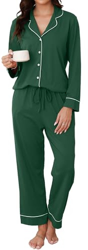 Reliwel Pigiama Donna Cotone Pigiama da Donna Invernale Set Pigiama Camicia a Maniche Lunghe con Bottoni e Pantaloni Pigiama da Casa Due Pezzi Morbidissimo Comodo
