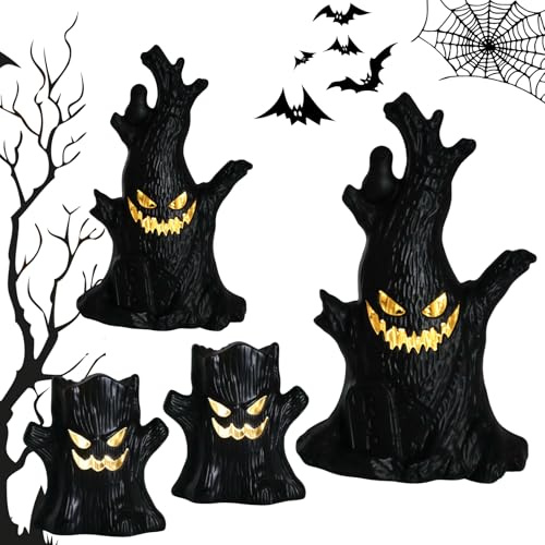 GZGXKJ 4 piezas de tocón de árbol de Halloween, luz LED amarilla, dos formas, accesorios de terror, decoración de interiores, velas fantasmas para decoración de Halloween y regalos (negro)