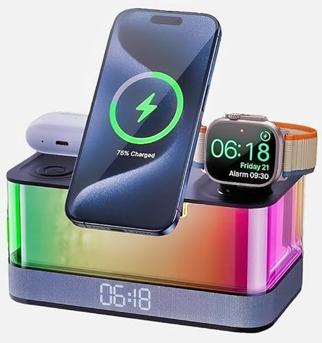 6-in-1 Foldable Wireless Charging Station – Fast Charger with Bluetooth Speaker, LED & Clock Display – Strong Magnetic Hold – Compatible with iOS & Android Phones, Apple Watch, AirPods & Other Earbuds
