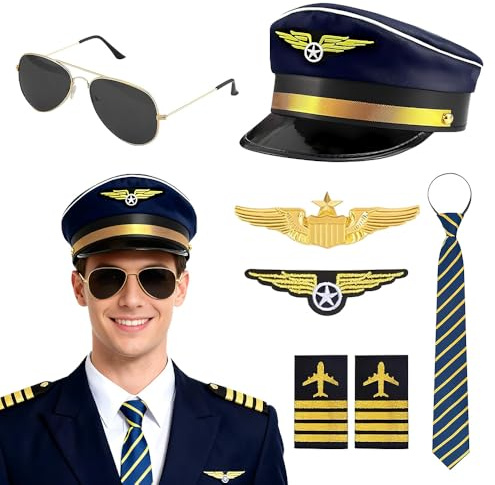 Mineup 7PCS Pilot Costume Accessories Set, Airline Pilot Captain Hat, Pilot Fancy Dress Kit with Captain Hat Armband Badge Sunglasses Tie Cosplay Outfit for Adults Teenager Cosplay Dress up Party