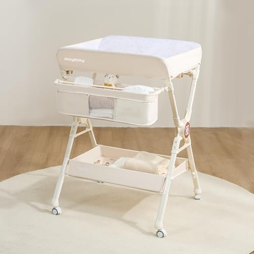 Maydolly Hopfällbart & Höj- och Sänkbart Skötbord för Baby, Mobilt Skötbord med Hjul, Vattentät och Lätt att Rengöra Skötbädd, Platsbesparande Skötbord med Förvaringshyllor – Beige