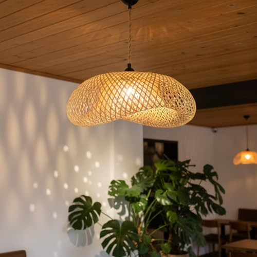 BARCELONA LED Lámpara Colgante de Mimbre Artesanal Grande, Estilo Natural, Nórdico, Japonés y Rústico, Imitación Piedra, Industrial y Clásico, Luz E27 Regulable para Salón y Dormitorio
