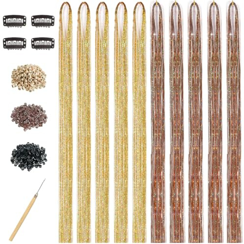 Hair Tinsel Kit for Girls, 10 Pcs 4200 Strands Fairy Tinsel Hair Extensions Holographic Hair Tinsel Heat Resistant Colored Hair Glitter Christmas Party Festival (Gold+Bronze Gold)