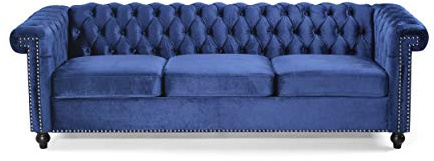 GDFStudio Noble House Parkhurst Tufted Chesterfield Velvet Sofa in Midnight Blue and Brown