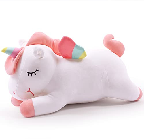Enhörning mjukisdjur leksak liggande söt mjuk enhörning plysch kramkudde med regnbågsvingar Kawaii leksak för barn flickor (vit, 40 cm)