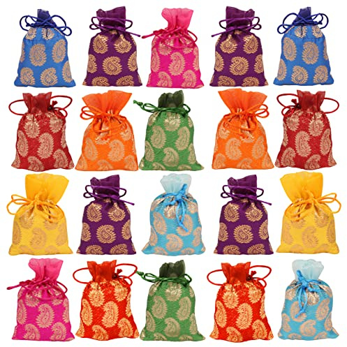 Touchstone Drawstring Bags Tradizionale indiano realizzato a mano in tessuto broccato. Perfette per regali, gioielli e matrimoni. Set di 20 sacchetti multicolori e vivaci, borse e portamonete Potli.