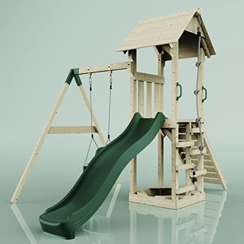 Rebo Spielturm mit Wellenrutsche und Kinder-Schaukel, Outdoor Klettergerüst Garten,Smaragdgrün