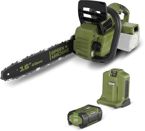 GREEN MACHINE Motosega a batteria da 62 V, batteria da 4 Ah, motosega elettrica al litio con barra e catena Oregon da 16, include batterie e caricabatterie