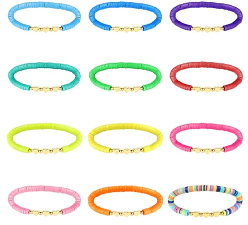 Andibro Regenbogen Boho Perlen Armband, 12 Stück Kinderarmband Buntes Herz Polymer Ton Perlen Stretch Armbänder Freundschaftsbänder für Frauen Sommer Strand Schmuck