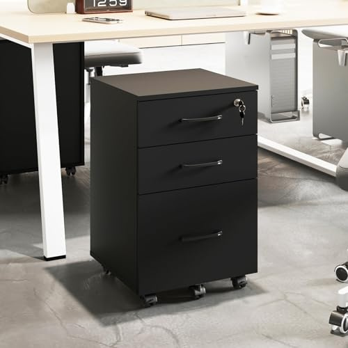 ALBSL File Cabinet with Lock,3 Drawer Wood Rolling Filing Cabinets Under Desk for Home Office, Office Storage Cabinet fits Letter/A4 Size,Mobile Filing Cabinet Printer Stand,Black