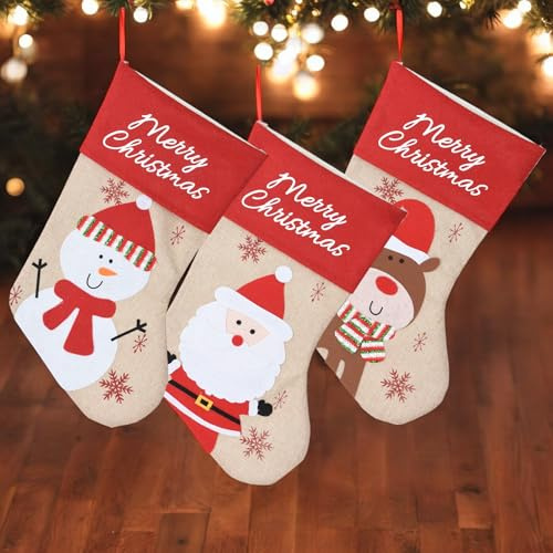 MIJOMA Set di 3 calze natalizie – calze di Babbo Natale e stivali di Babbo Natale da riempire e appendere, sacchetti regalo e decorazioni natalizie, 40 cm, iuta e feltro, renna, Babbo Natale e pupazzo