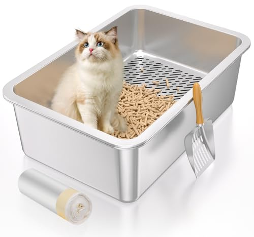 XL Stainless Steel Sifting Litter Box for Big Cats,Metal Sifting Cat Litter Box for Wood Pine Pellets,Extra Large Sifter Litter Pan System,Odor Control,Easy to Clean,with Liners and Metal Scoop