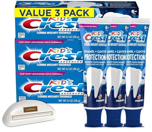 LUXPAKS Toothpaste Squeezer Compatible with Kids Sugar & Bacteria Shield Toothpaste, 4.1oz (Pack of 3) – Fluoride Protection, Strawberry Flavor for Kids