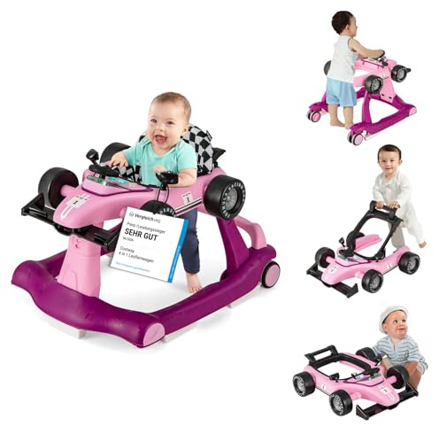 COSTWAY 4-i-1-lära-gå-vagn i bilform med musik & ljus, lila | Vikbar gåvagn med justerbar höjd och hastighet, baby walker med hjul, promenadfri baby från 6 månader