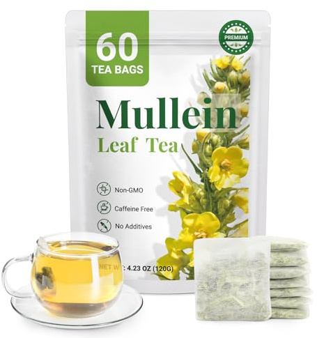 Premium 60 Mullein Tea Bags For Lungs - 100% Pure Mullein Leaf | For Lung Health & Respiratory Wellness Support | Caffeine Free - No Additives & Non-GMO | Plastic-Free, Plant-Based Tea Bags