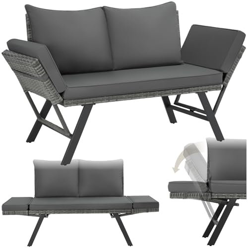 tectake® Rattan Loungesofa und Sonnenliege, Gartenmöbel, Lounge Möbel Outdoor, Sitzbank mit Schlaffunktion, Couch mit klappbarer Armlehne, Balkonmöbel, Gartenbank, Sofa, Balkon Möbel - grau